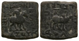 Ancient Greek Coins - Indo-Greek - Square Horseman Bronze
2nd century BC. Obv: horseman right with inscription around. Rev: bull right with inscripti...