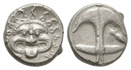 Ancient Greek Coins - Apollonia Pontika - Gorgoneion Drachm
ca 420-300 BC. Obv: facing gorgoneion, mouth open, and with protruding tongue. Rev: uprig...