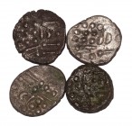 Celtic Iron Age Coins - Durotriges - Base Staters [4]
1st century AD. Obvs: crescent, cloak and wreath. Revs: dis-jointed horse. 13.81 grams total. [...