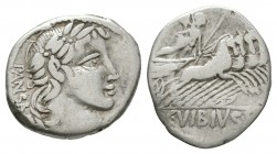 Ancient Roman Republican Coins - C Vibius C f Pansa - Minerva Denarius
90 BC. Rome mint. Obv: PANSA behind laureate head of Apollo right, control sym...