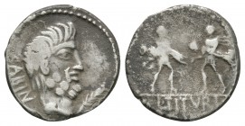 Ancient Roman Republican Coins - L Titurius L f Sabinus - Sabine Women Denarius
89 BC. Rome mint. Obv: bare head of King Tatius right, bearded, SABIN...
