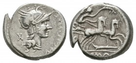 Ancient Roman Republican Coins - M Cipius M f - Victory Denarius
115-114 BC. Rome mint. Obv: M CIPI M F legend before head of Roma right in winged he...
