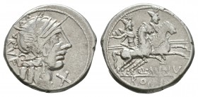 Ancient Roman Republican Coins - Q Minucius Rufus - Dioscuri Denarius
122 BC. Rome mint. Obv: RVF behind helmetted head of Roma right, X beneath chin...