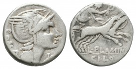 Ancient Roman Republican Coins - L Flaminius Cilo - Victory Denarius
109-108 BC. Rome mint. Obv: helmetted head of Roma right, X under chin. Rev: Vic...