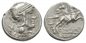 Ancient Roman Republican Coins - Q Marcius Philippus - Horseman Denarius
129 BC. Rome mint. Obv: helmeted head of Roma in winged helmet right, rudime...