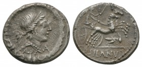 Ancient Roman Republican Coins - D Junius L f Silanus - Victory in Biga Denarius
91 BC. Obv: diademed bust of Salus right, SALVS below, control lette...