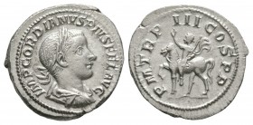Ancient Roman Imperial Coins - Gordian III - Emperor Riding Denarius
240 AD. Rome mint. Obv: IMP CAES GORDIANVS PIVS FEL AVG legend with laureate, dr...