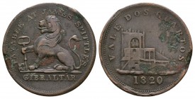 World Coins - Gibraltar - 1820 - 2 Quartos Token
Dated 1820 AD. Obv: seated lion with PAYABLE AT JAMES SPITTLE'S; GIBRALTAR in exergue. Rev: building...