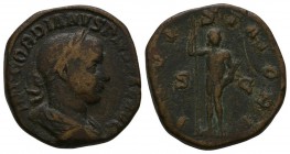 Ancient Roman Imperial Coins - Gordian III - Jupiter Sestertius
241-243 AD. Rome mint. Obv: IMP GORDIANVS PIVS FEL AVG legend with laureate and drape...