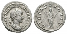 Ancient Roman Imperial Coins - Gordian III - Pietas Denarius
241-242 AD. Rome mint. Obv: IMP GORDIANVS PIVS FEL AVG legend with laureate and draped b...
