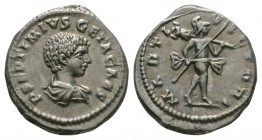 Ancient Roman Imperial Coins - Geta - Mars Denarius
199-200 AD. Laodicea mint. Obv: P SEPTIMVS GETA CAES legend with bare-headed draped bust right. R...