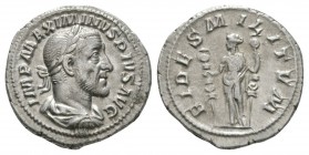 Ancient Roman Imperial Coins - Maximinus I - Fides Militum Denarius
236-238 AD. Rome mint. Obv: IMP MAXIMINVS PIVS AVG legend with laureate and drape...