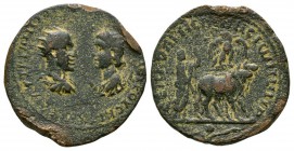 Ancient Roman Provincial Coins - Trajan Decius and Son - Mesopotamia - Man Ploughing Bronze
249-251 AD. Rhesaena mint. Obv: AYT K G M K TR DEKIOC CEB...