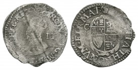 English Stuart Coins - Charles I - Tower - Halfgroat
1632-1633 AD. Group D, fourth bust. Obv: profile bust with II behind and CAROLVS D G M B FRA ET ...