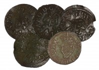 English Stuart Coins - James I and Charles I - Farthings [5]
17th century AD. Group comprising: James I (1) and Charles I (4) copper farthings. 2.60 ...