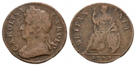 English Milled Coins - Charles II - 1673 - Copper Farthing
Dated 1673 AD. Obv: profile bust with CAROLVS A CAROLO legend. Rev: seated Britannia with ...