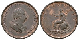 English Milled Coins - George III - 1799 - Halfpenny
Dated 1799 AD. Obv: profile bust with GEORGIUS III DEI GRATIA REX legend. Rev: seated Britannia ...
