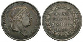 English Milled Coins - George III - 1814 - Bank of England 3 Shillings Token
Dated 1814 AD. Second bust. Obv: profile bust with GEORGIUS III DEI GRAT...
