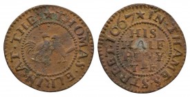 British Tokens - 17th Century - London - Thames Street - Token Halfpenny
Dated 1667 AD. London, Thames Street, Cock and Magpie, Thomas Elkin. Obv: co...