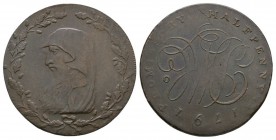 British Tokens - 18th Century - Anglesey - 1791 - Druid's Head Token Halfpenny
Dated 1791 AD. Obv: profile bust of druid within wreath. Rev: monogram...