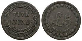 British Tokens - 19th Century - Gomersal Industrial Co-Operative Society - £5 Token
1868 AD. West Yorkshire. Obv: FIVE / POUNDS in two lines with LIM...