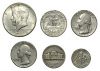World Coins - USA - Mixed Modern Issues [6]
Dated 1965-1976 AD. Group comprising: 5 cents, (1973); dime (1976); quarter dollar (3; 1965, 1970D, 1974)...