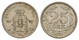 World Coins - Sweden - Oscar II - 1885 - 25 Ore
Dated 1885 AD. Obv: crowned monogram with BRODRAFOLKENS VAL legend. Rev: with 25 / ORE in two lines w...