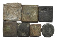 Coin Weights - Mixed Group [7]
17th-19th century AD. Group comprising: square lead and copper alloy weights (6; various sizes, including apothecary);...