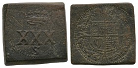Coin Weights - James I - Rose Ryal Square Weight
17th century AD. Obv: cross over arms. Rev: crown over XXX / S in two lines. Withers 599-601. 11.99 ...