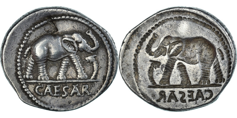 Julius Caesar, Denarius, 49-48 BC, Military mint, Incuse strike, Silver, NGC
El...