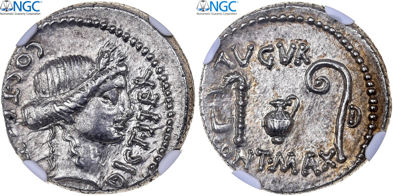 Julius Caesar, Denarius, 46 BC, Utica?, Silver, NGC, AU 4/5 5/5, Crawford:467/1a...