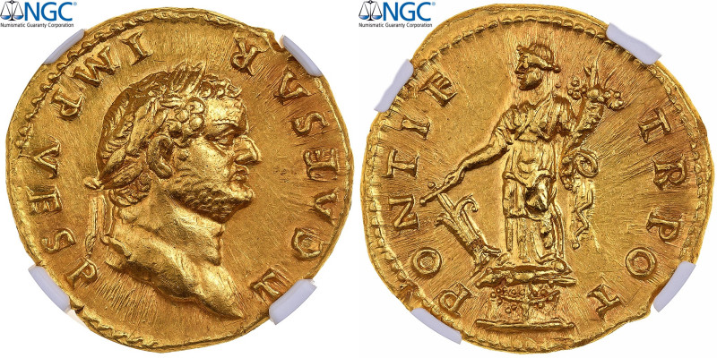 Titus, Aureus, 74, Rome, Gold, NGC, Ch AU 5/5-3/5, RIC:696
Head of Titus, laure...