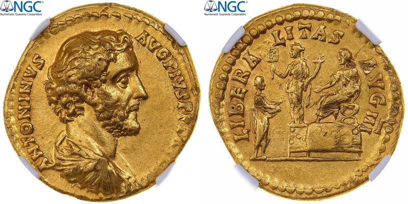 Antoninus Pius, Aureus, 140-143, Rome, Gold, NGC, Ch XF 5/5-2/5, RIC:75b
Bust o...