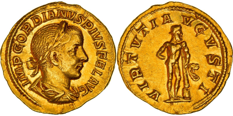 Gordian III, Aureus, 241-243, Rome, Gold, AU(50-53), RIC:108
Bust of Gordian II...