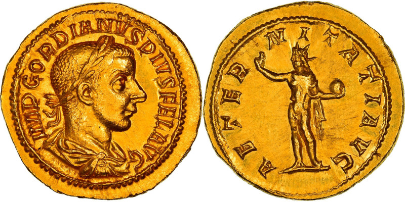 Coin, Gordian III, Aureus, 241-243, Rome, MS(60-62), Gold, RIC:97
Laureate, dra...