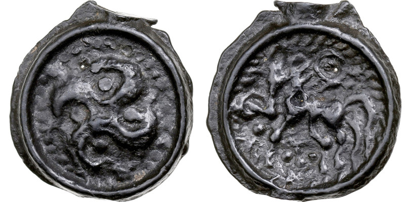 Suessiones, Potin au swastika, 1st century BC, Potin, AU(50-53), Delestrée:214
...
