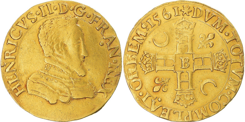 France, Henri II, Double Henri d'or, 1561, Rouen, 1st Type, Gold, VF(30-35)
Cui...