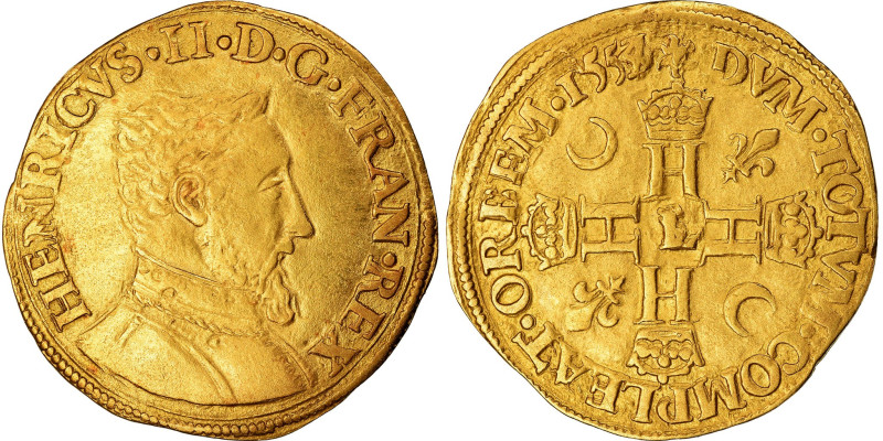 France, Henri II, Henri d'or, 1554/3/0, Bayonne, Gold, AU(50-53), Gadoury:389C
...