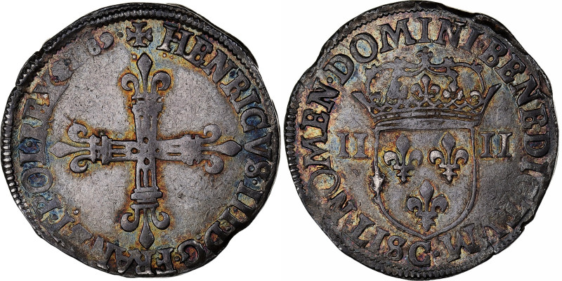 France, Henri III, 1/4 Ecu, 1589, Saint-Lô, Silver, EF(40-45), Gadoury:494
Cros...