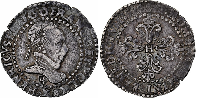 France, Henri III, 1/4 Franc au col plat, 1588, Rouen, Silver, EF(40-45)
Laurea...