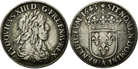 France, Louis XIII, 1/4 écu, 2e poinçon de Warin, 1643, Paris, Silver