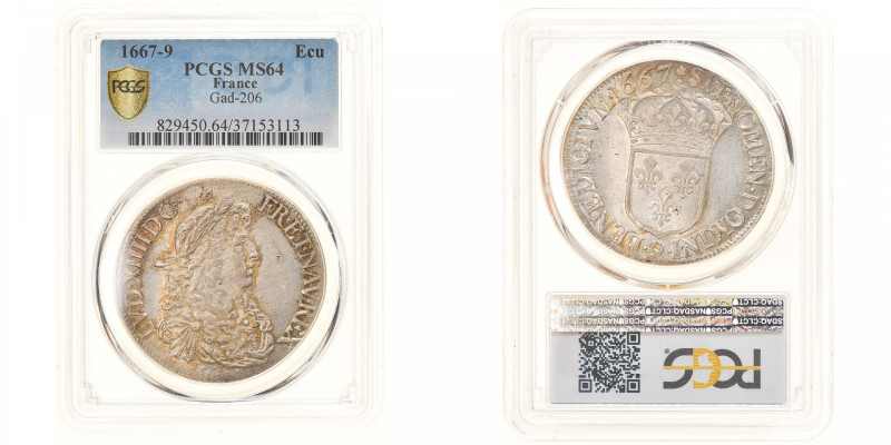 France, Louis XIV, Écu au portrait apollinien, 1667, Rennes, Silver, PCGS
Laure...