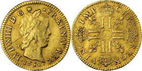 France, Louis XIV, 1/2 louis d'or à la mèche longue, 1652, Paris, Gold