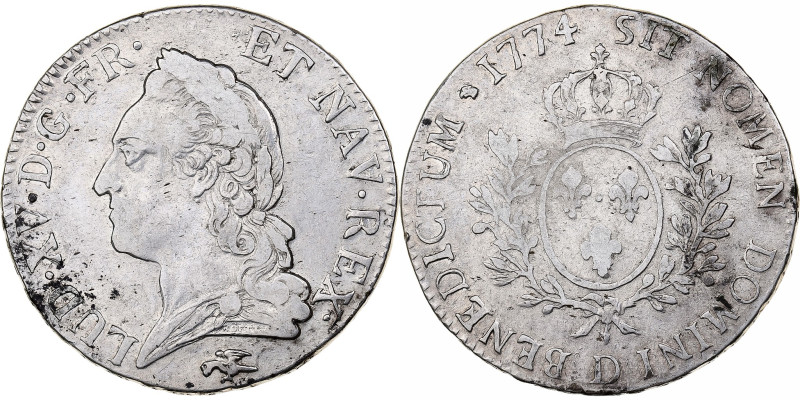 France, Louis XV, Écu à la vieille tête, 1774, Lyon, Silver, VF(30-35)
Laureate...