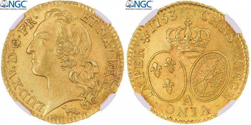 France, Louis XV, louis d'or au bandeau, 1753, Paris, 2nd semestre, Gold, NGC
H...