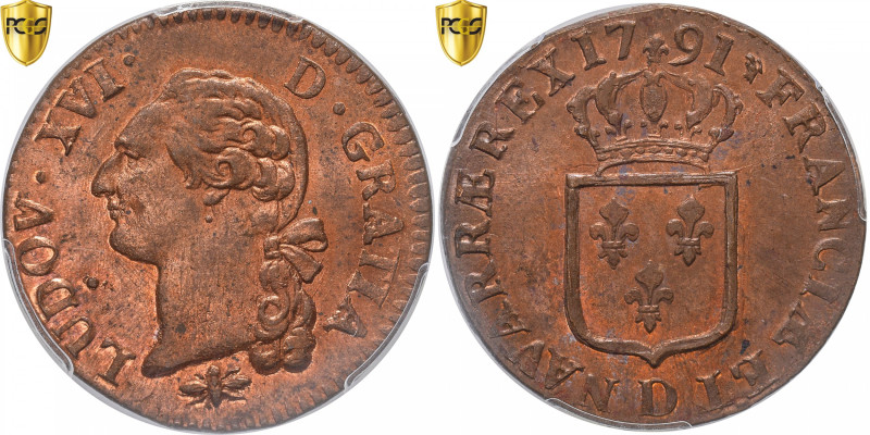 France, Louis XVI, Sol, 1791, Lyon, Copper, PCGS, MS65RB, Gadoury:350
Head of L...