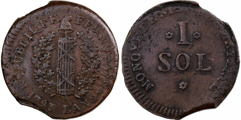 France, 1 Sol, Siège de Mayence, 1793 / An 2, Mayence, Copper, EF(40-45)
Fasces...