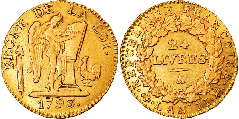 France, 24 livres Convention, 1793, Paris, Gold, AU(50-53), Gadoury:62, KM:626.1...