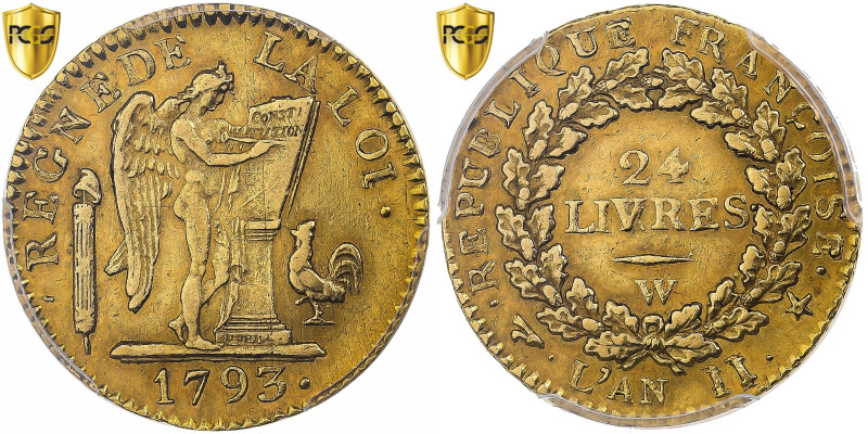 France, 24 Livres, 1793 / AN II, Lille, Gold, PCGS, AU55, Gadoury:62
Winged Gen...