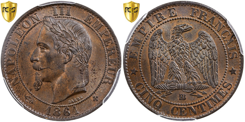 France, Napoleon III, 5 Centimes, 1861, Strasbourg, Bronze, PCGS, MS64BN
Laurea...